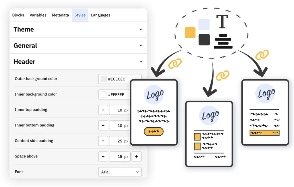 MailBindr illustration of email template styling with themes